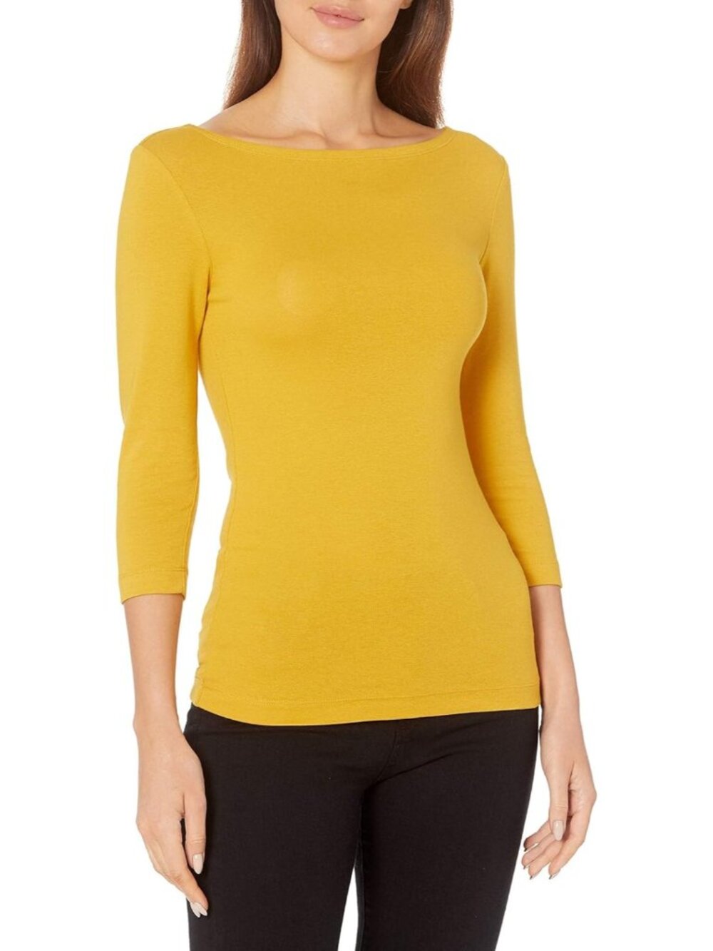 Women's Dark Golden Yellow Slim-fit Sleeve Boat Neck Cotton Modal Micro T-shirt